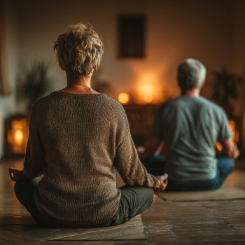 Gruppo di persone mature che si godono una sessione di yoga in un ambiente luminoso e accogliente